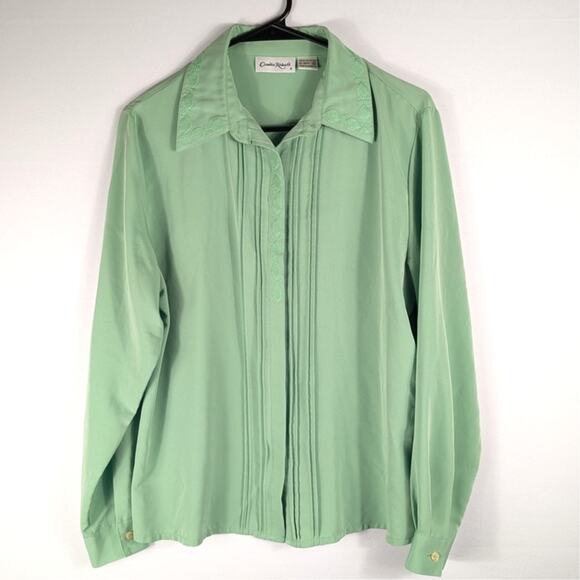Claudia Richard Blouse Women 10 Mint Green Pintuck Lace Long Sleeve Button Front - Picture 1 of 3